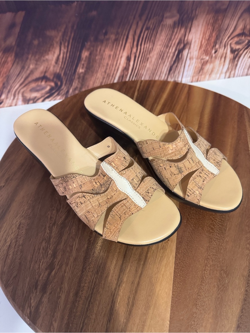 Athena Alexander Cork Slide Wedges with Cream Stripe